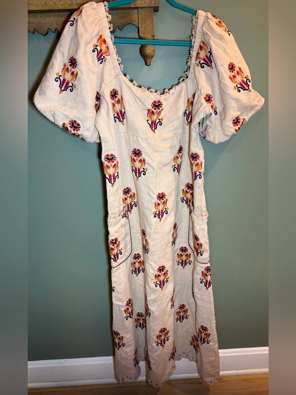 FARM Rio Beige Midi Dress with Red Embroidered Floral Print - Picture 2 of 7